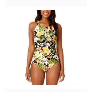 Hurley Floral One Piece Swimsuit L Black Yellow nwt resort vacation beachwear
